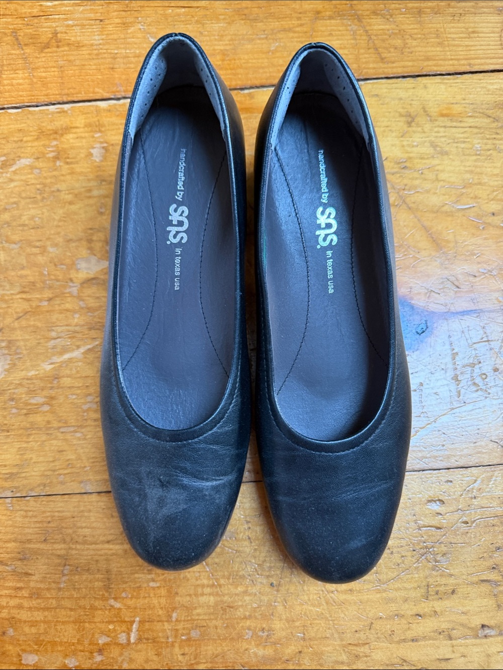 SAS Black Leather Classic Slip-On Pumps—Low Heel